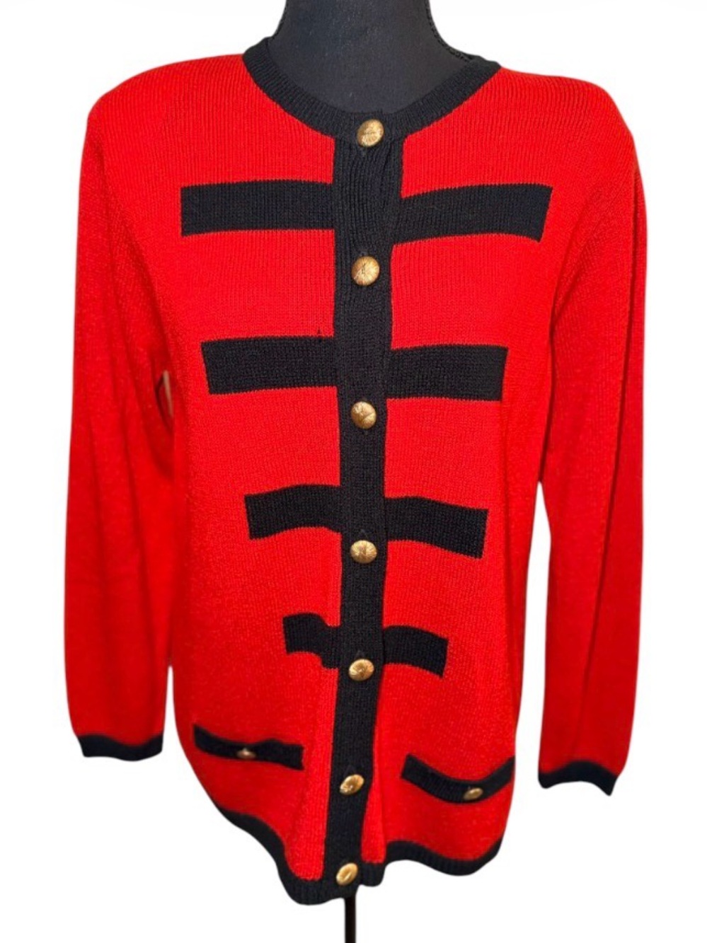 Laura By Alyzia VTG Preppy Sweater Red Black Gold Button Academia Style Sz 10